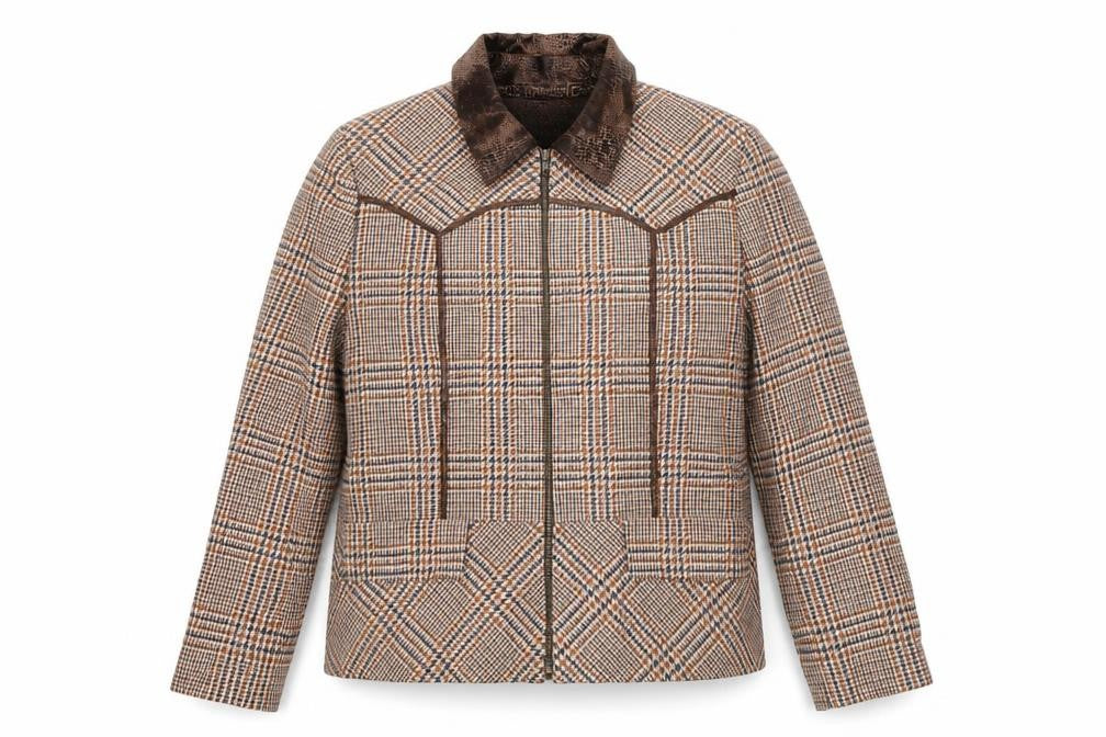Front view of Mable women’s brown geometric jacket coat, size UK 16, zip
