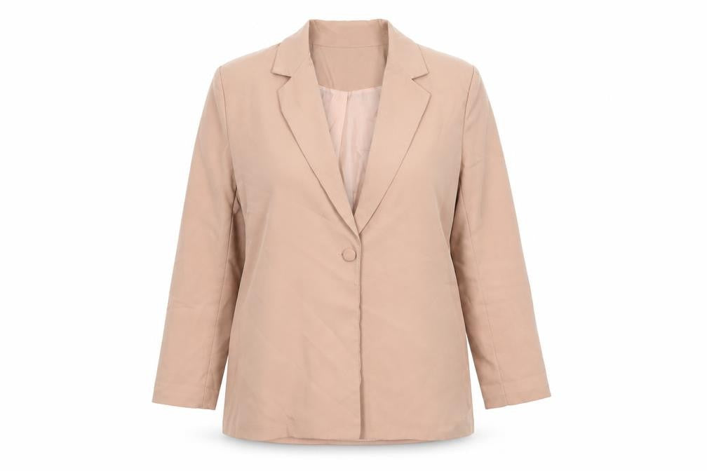 Front view of Boohoo women’s pink biker blazer, size UK 16, button