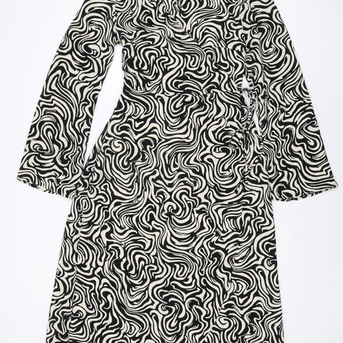 H&M Womens Ivory Geometric Polyester Wrap Dress Size M V-Neck Tie