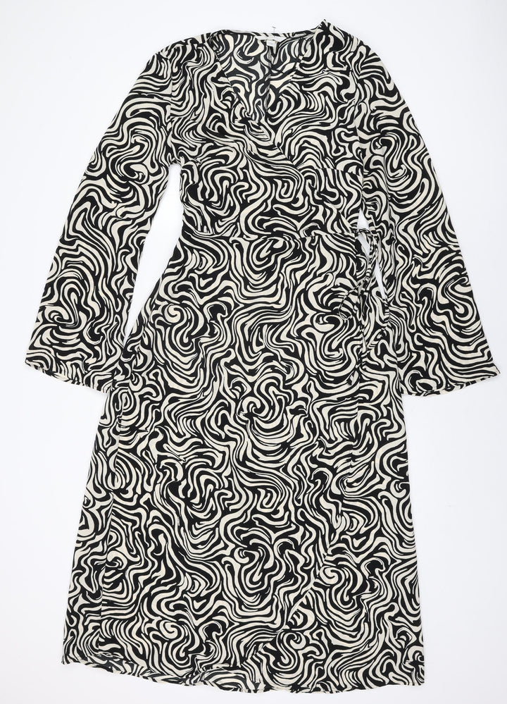 H&M Womens Ivory Geometric Polyester Wrap Dress Size M V-Neck Tie