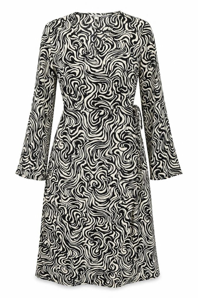 Front view of H&M women’s ivory geometric polyester wrap dress, size M, v-neck tie
