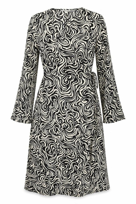 Front view of H&M women’s ivory geometric polyester wrap dress, size M, v-neck tie