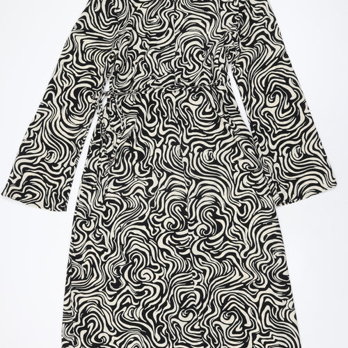 H&M Womens Ivory Geometric Polyester Wrap Dress Size M V-Neck Tie