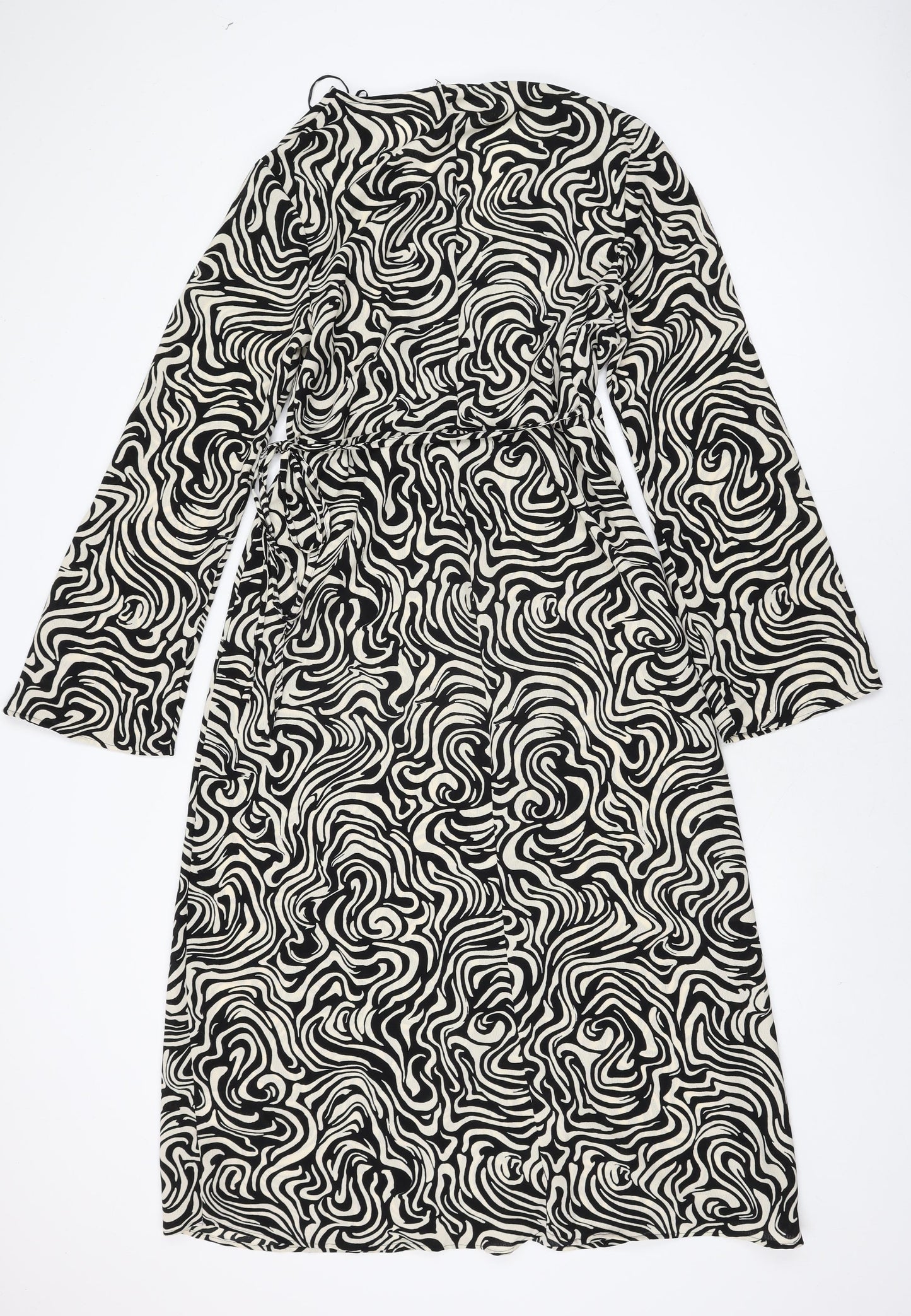 H&M Womens Ivory Geometric Polyester Wrap Dress Size M V-Neck Tie