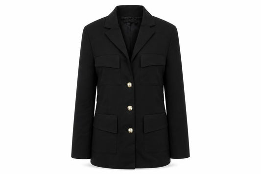 Front view of Zara women’s black jacket, size M, button