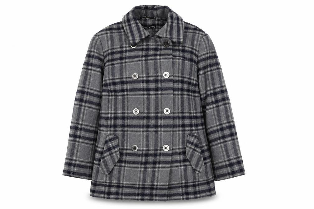 Front view of Autograph women’s grey plaid overcoat coat, size UK 14, button