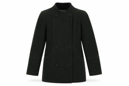 Front view of EWM women’s green overcoat coat, size UK 12, button