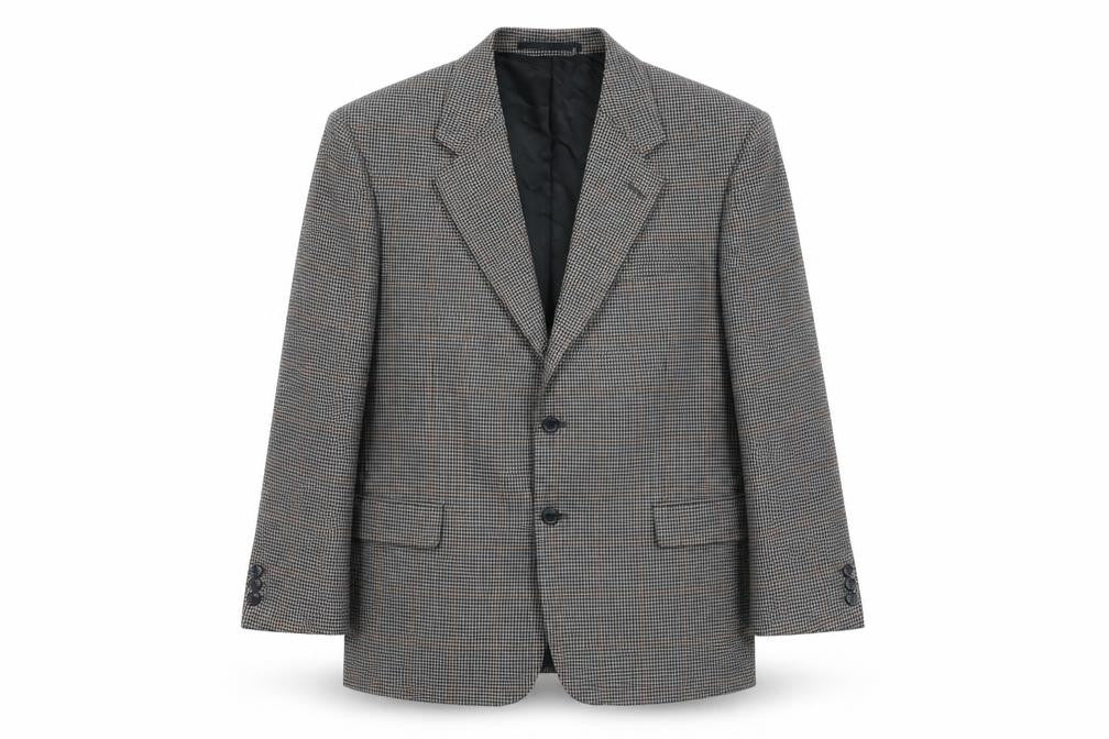 Front view of Brook Taverner men’s grey geometric polyester jacket suit jacket, size 42, regular