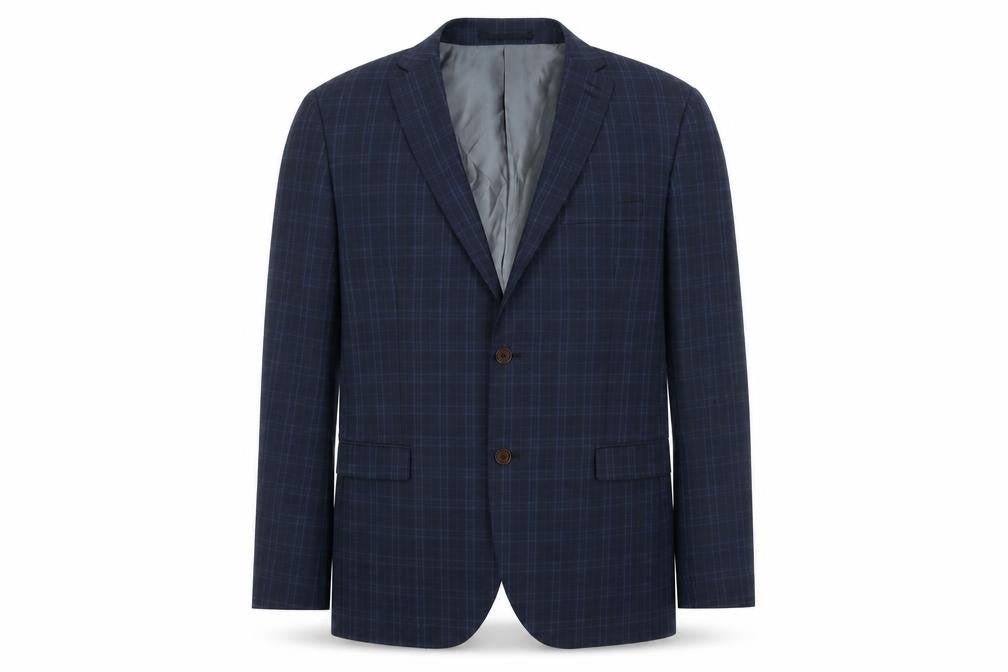 Front view of Next men’s blue plaid wool jacket suit jacket, size 44, regular
