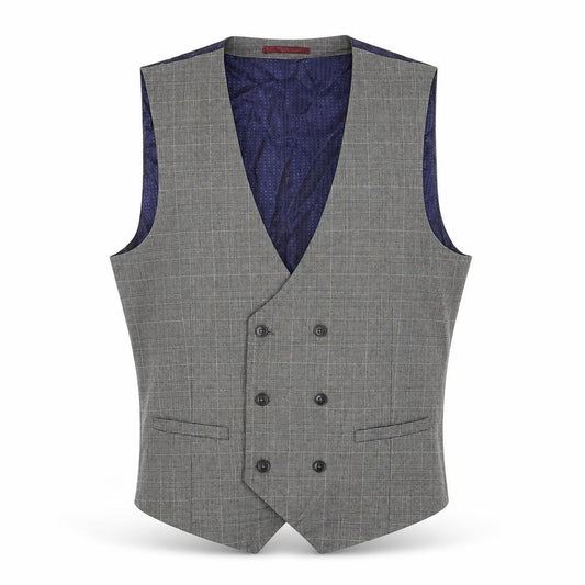 Front view of Burton men’s grey plaid polyester jacket suit waistcoat, size L, regular