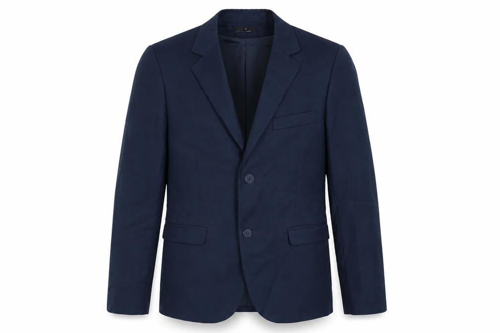 Front view of Outfitters Nation men’s blue polyester jacket suit jacket, size S, regular
