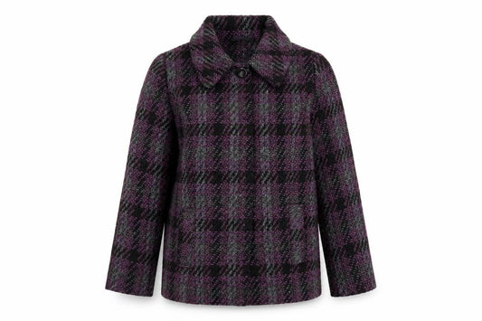 Front view of Isle women’s purple geometric jacket coat, size UK 12, button