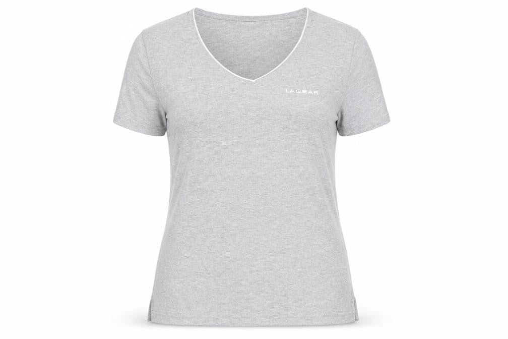 Front view of LA Gear women’s grey cotton basic t-shirt, size UK 12, v-neck - logo