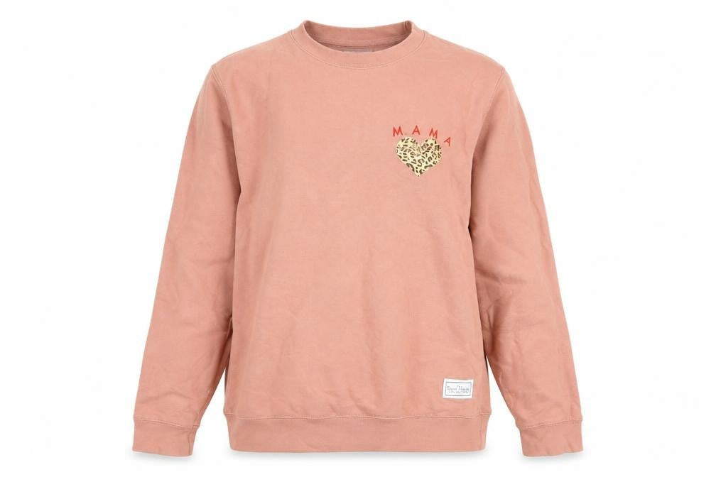 Front view of The Tired Mama women’s pink cotton pullover sweatshirt, size M, pullover