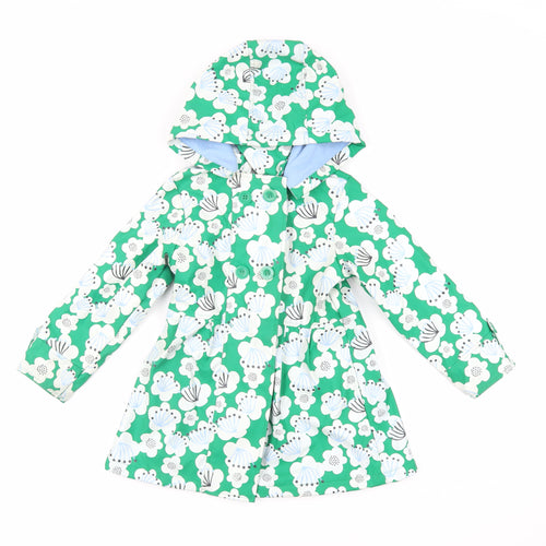 Minoti Girls Green Floral Rain Coat Coat Size 5-6 Years Button - Hooded Waterproof