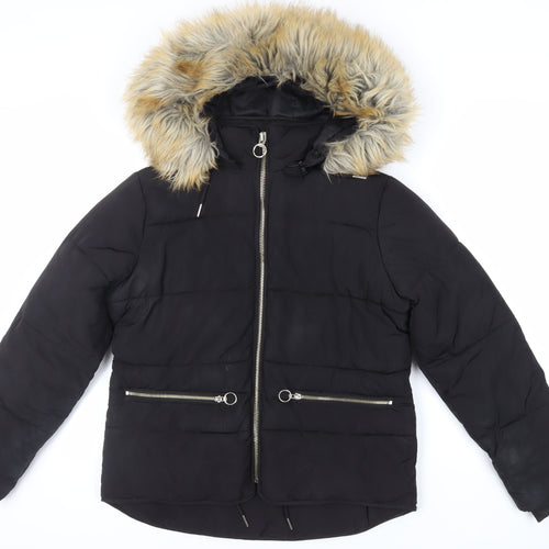 Topshop Womens Black Puffer Jacket Jacket Size 12 Zip - Faux Fur Collar