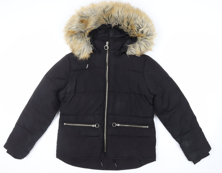 Topshop Womens Black Puffer Jacket Jacket Size 12 Zip - Faux Fur Collar