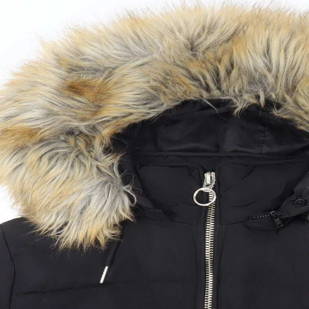 Topshop Womens Black Puffer Jacket Jacket Size 12 Zip - Faux Fur Collar