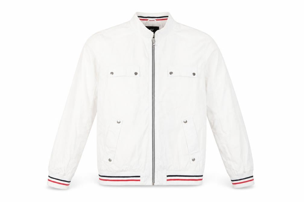 Front view of H&M men’s white jacket, size 44, zip - contrasting trim