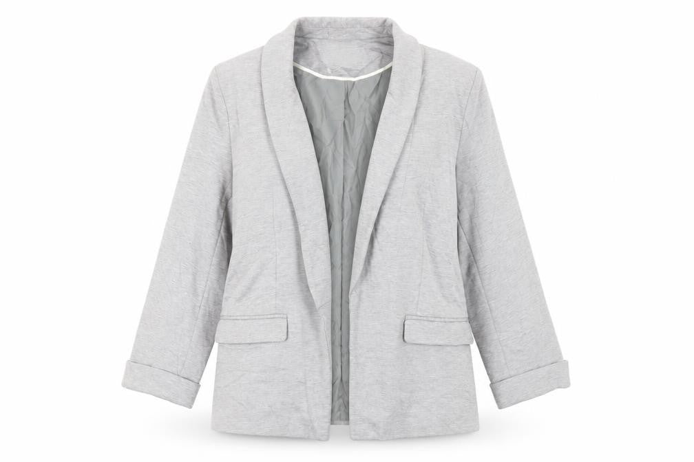 Front view of Miss Selfridge women’s grey jacket blazer, size UK 14, - open