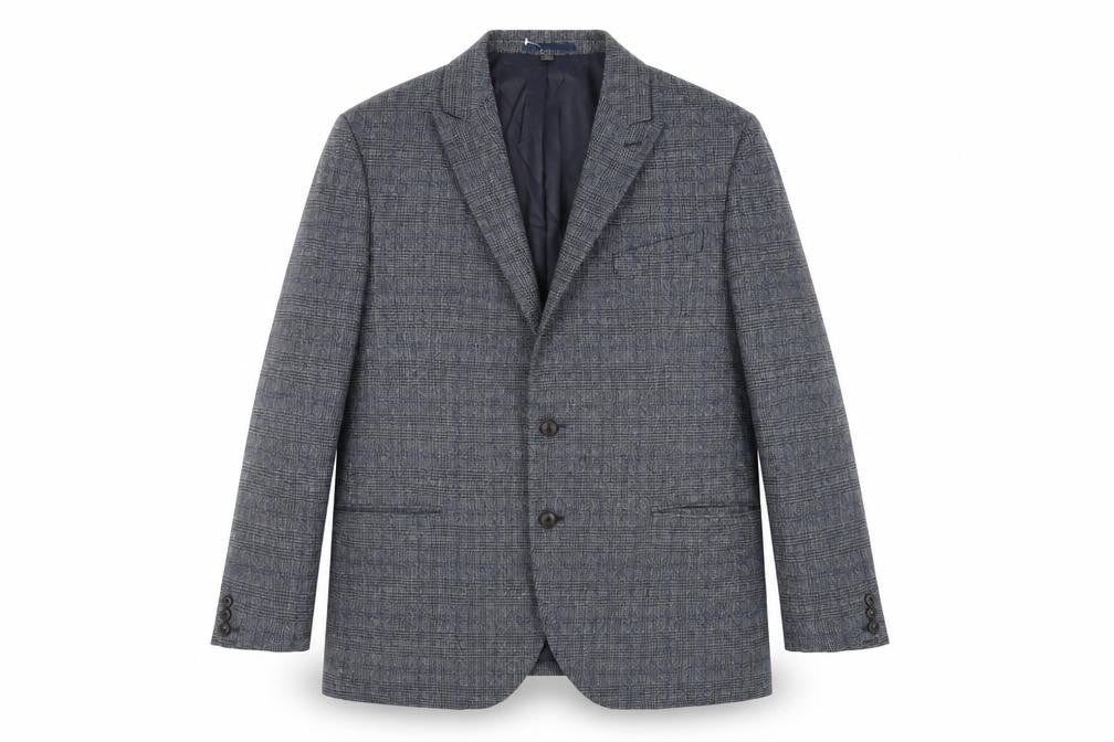 Front view of Marks & Spencer men’s blue plaid polyester jacket suit jacket, size 48, regular