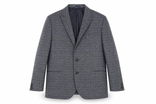 Front view of Marks & Spencer men’s blue plaid polyester jacket suit jacket, size 48, regular