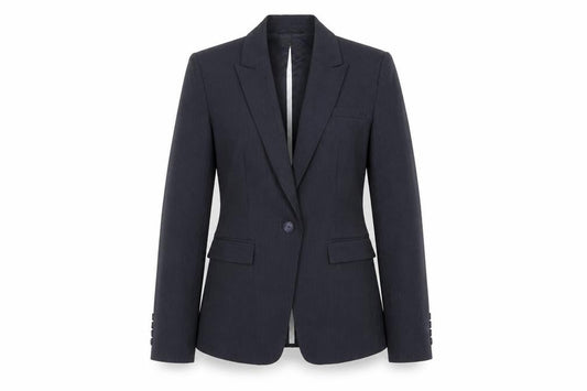 Front view of Next women’s black striped jacket blazer, size UK 8, button