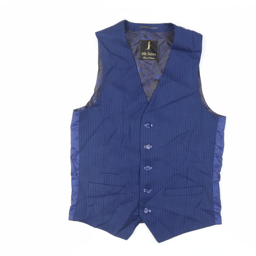 6th Sense Mens Blue Striped Polyester Jacket Suit Waistcoat Size 36 Regular