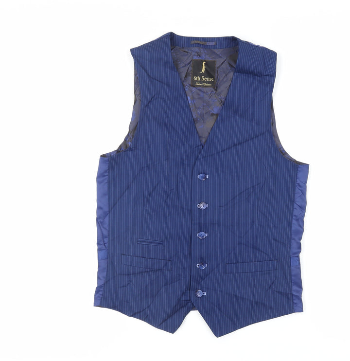6th Sense Mens Blue Striped Polyester Jacket Suit Waistcoat Size 36 Regular