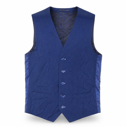 Front view of 6th Sense men’s blue striped polyester jacket suit waistcoat, size 36, regular