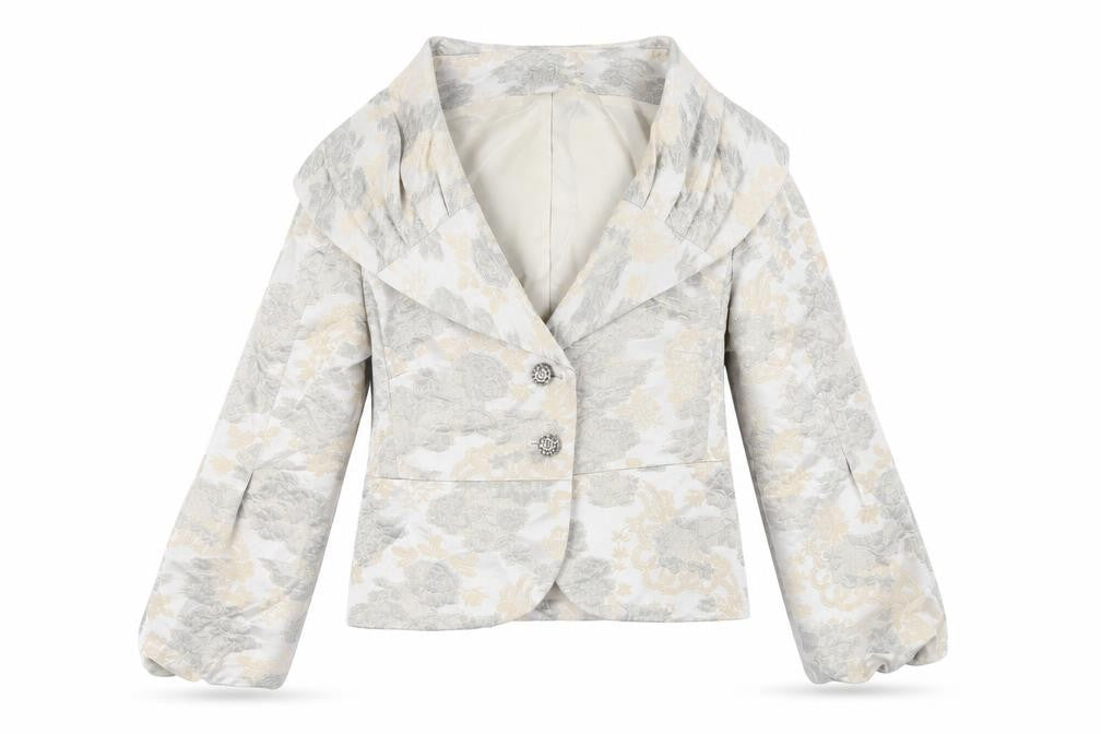 Front view of Ispirato women’s grey floral jacket, size UK 14, button