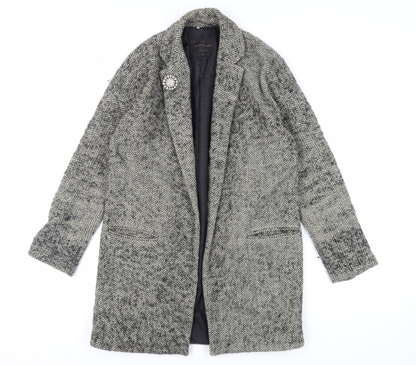 River Island Womens Grey Herringbone Overcoat Coat Size 8 - Open