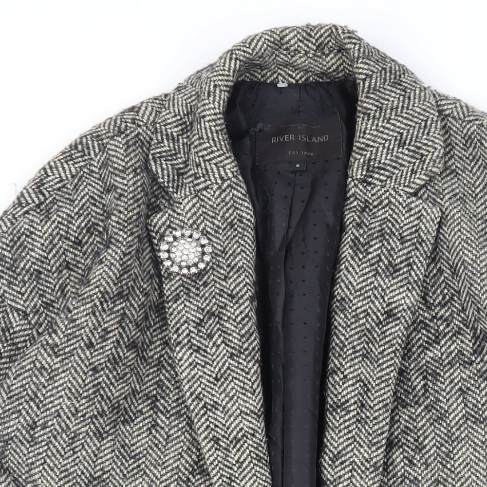 River Island Womens Grey Herringbone Overcoat Coat Size 8 - Open