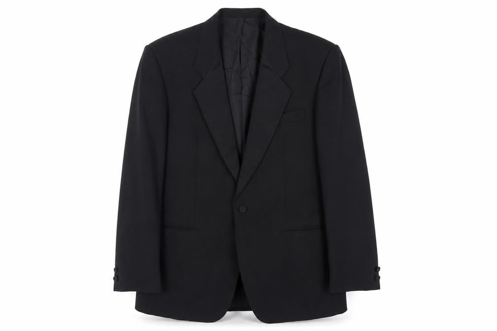 Front view of Weidenmann men’s black polyester tuxedo suit jacket, size 40, regular
