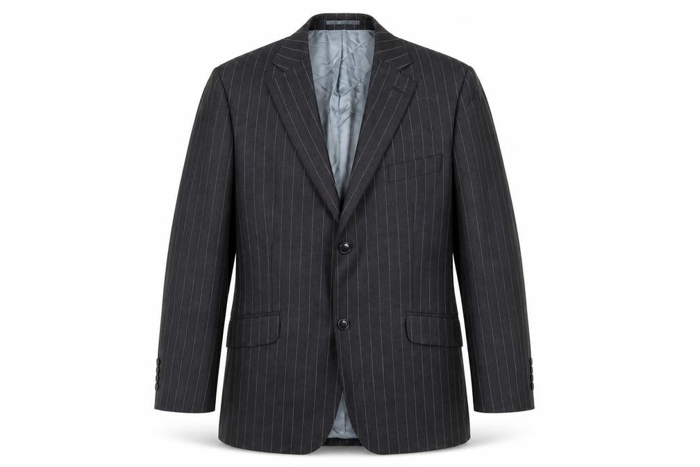 Front view of Alfred Brown men’s black striped wool jacket suit jacket, size 40, regular