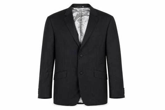 Front view of Burton men’s black polyester tuxedo suit jacket, size 42, regular