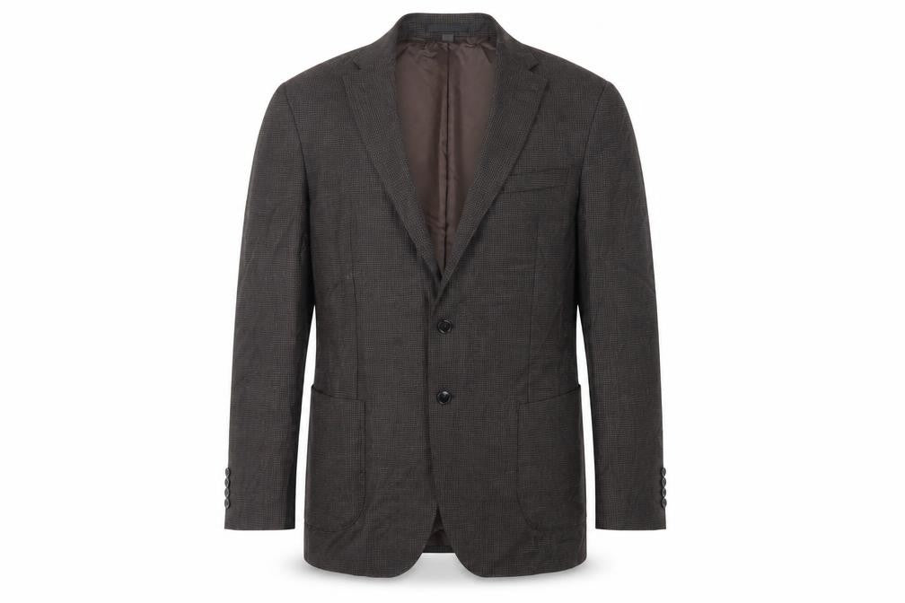 Front view of Marks & Spencer men’s brown geometric wool jacket suit jacket, size 44, regular