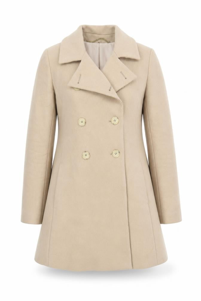 Front view of Isabella Oliver women’s beige pea coat coat, size S, button
