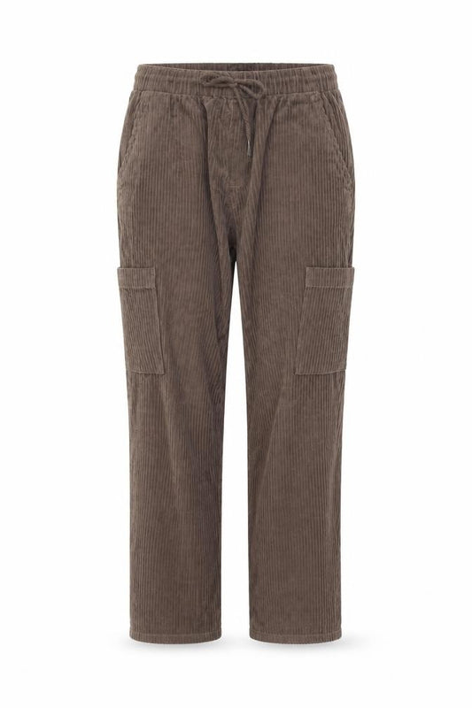 Front view of ASOS women’s brown cotton trousers, size S, 28-inch leg regular drawstring