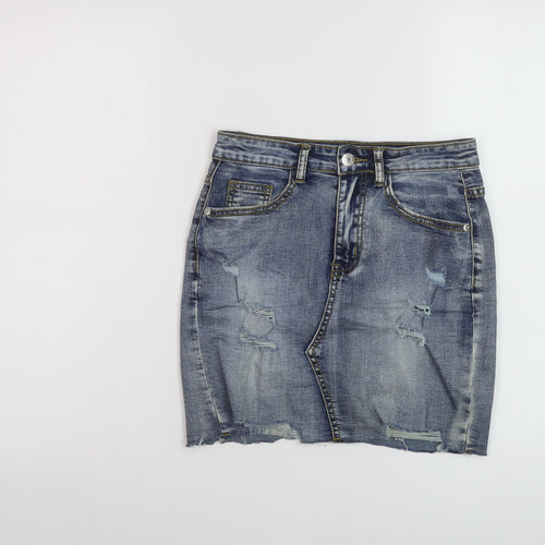 MOMOKROM Womens Blue Cotton Mini Skirt Size 8 Button - Vintage