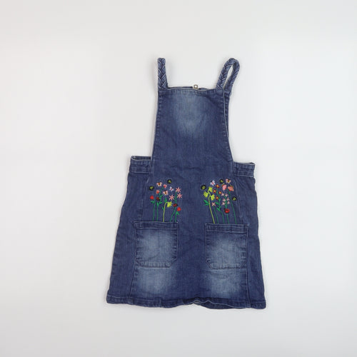 TU Girls Blue Cotton Pinafore/Dungaree Dress Size 3-4 Years Square Neck Zip