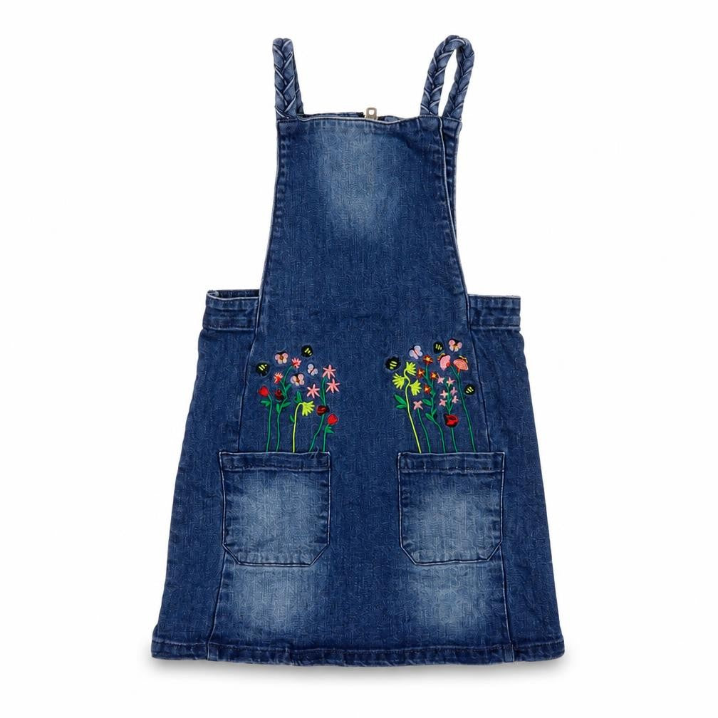 TU Girls Blue Cotton Pinafore/Dungaree Dress Size 3-4 Years Square Neck Zip