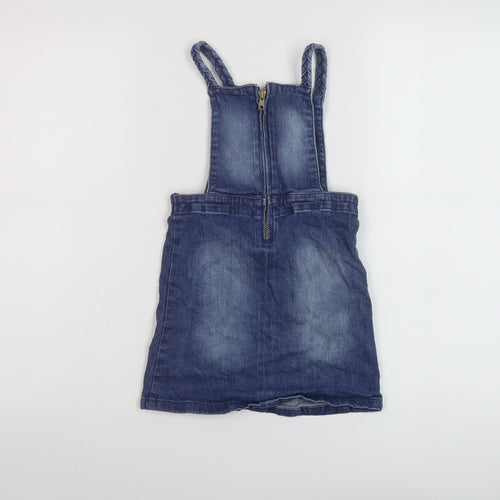 TU Girls Blue Cotton Pinafore/Dungaree Dress Size 3-4 Years Square Neck Zip