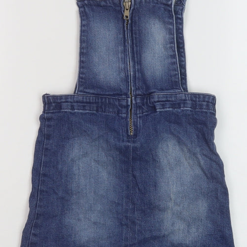 TU Girls Blue Cotton Pinafore/Dungaree Dress Size 3-4 Years Square Neck Zip