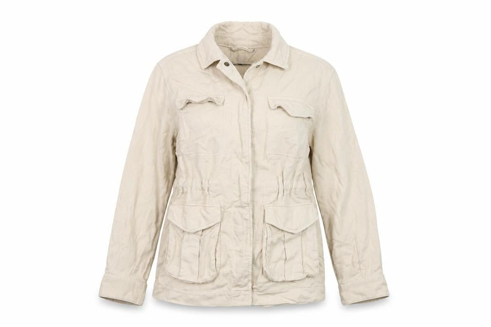 Front view of Marks & Spencer women’s beige jacket, size UK 10, snap