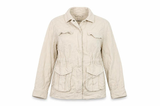 Front view of Marks & Spencer women’s beige jacket, size UK 10, snap