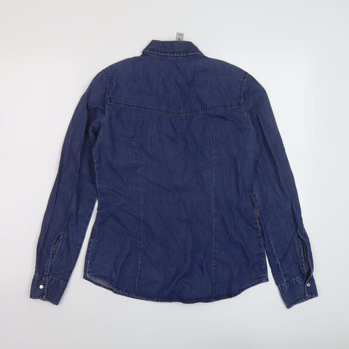 Denim & Co. Womens Blue Cotton Basic Button-Up Size 8 Collared