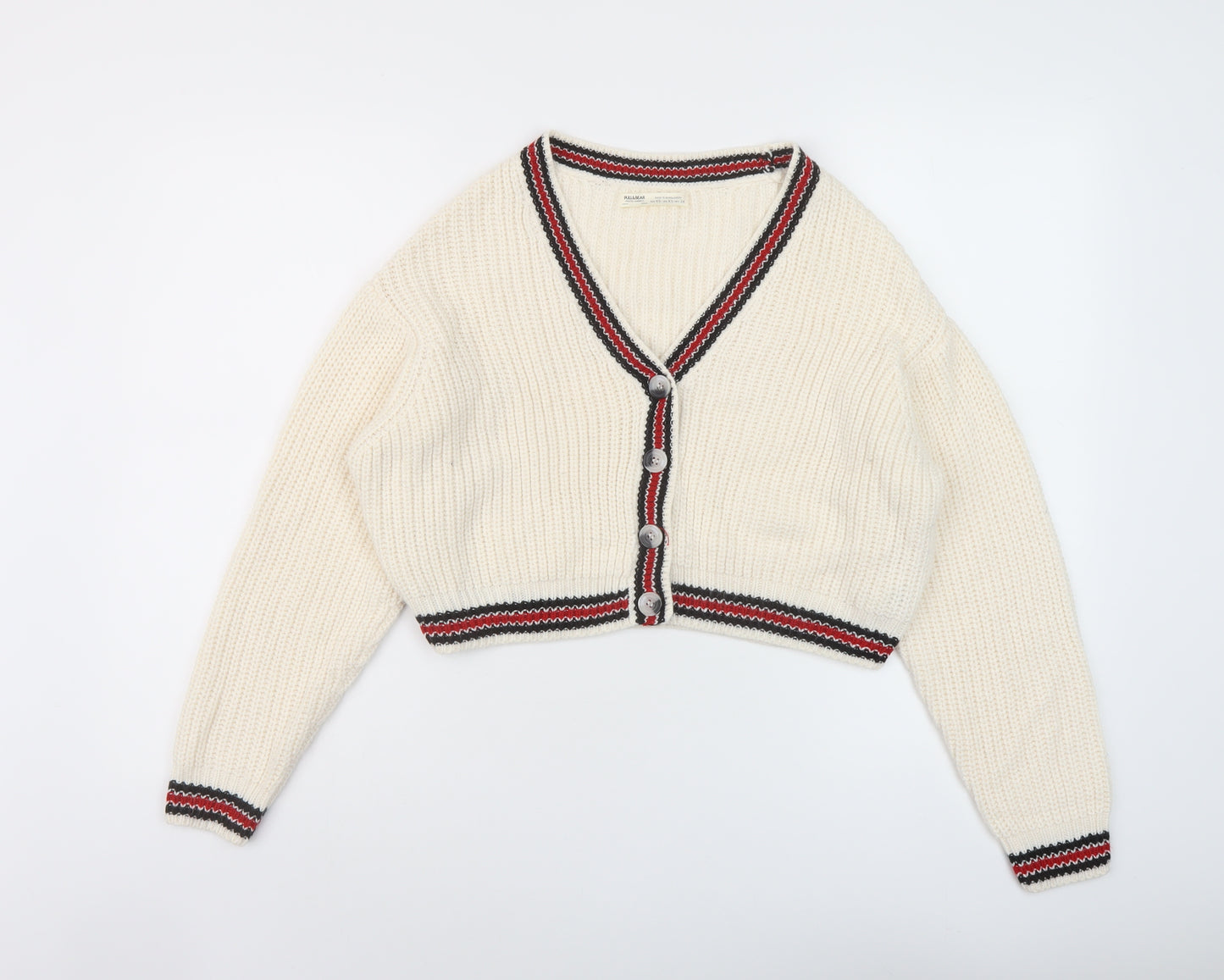 Pull&Bear Womens Ivory V-Neck Acrylic Cardigan Jumper Size XS
