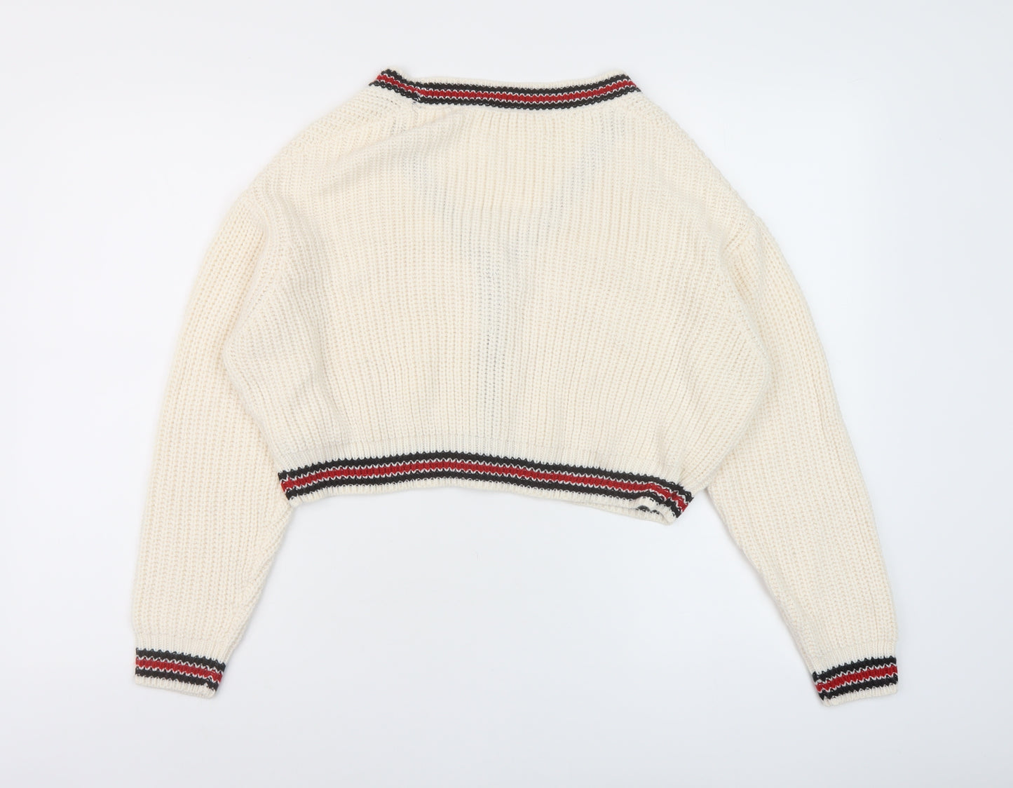 Pull&Bear Womens Ivory V-Neck Acrylic Cardigan Jumper Size XS