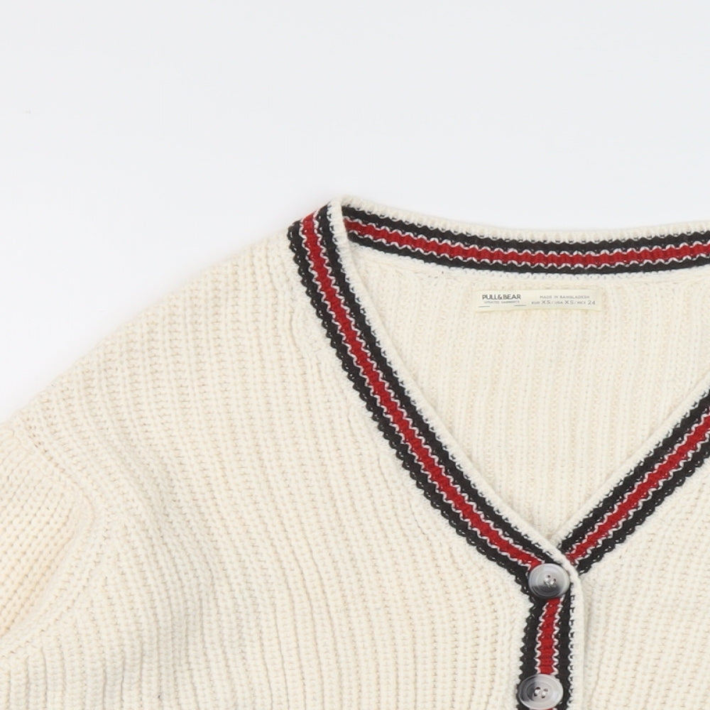 Pull&Bear Womens Ivory V-Neck Acrylic Cardigan Jumper Size XS